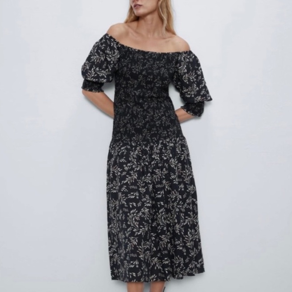 Zara Smocked Bodice cotton linen midi dress